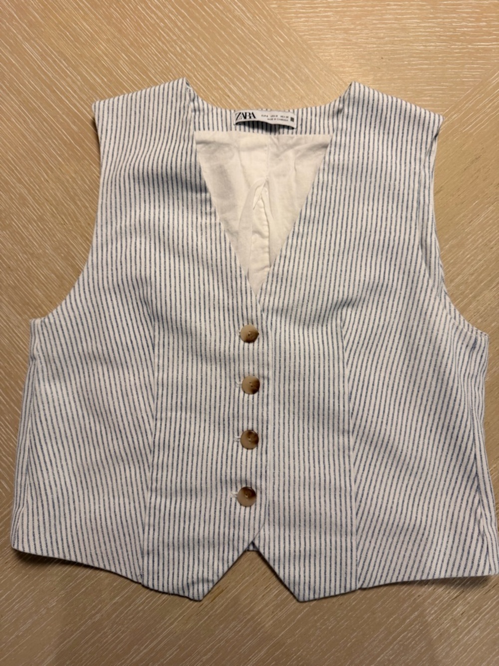 Zara White and Blue Pinstripe Sleeveless Vest
